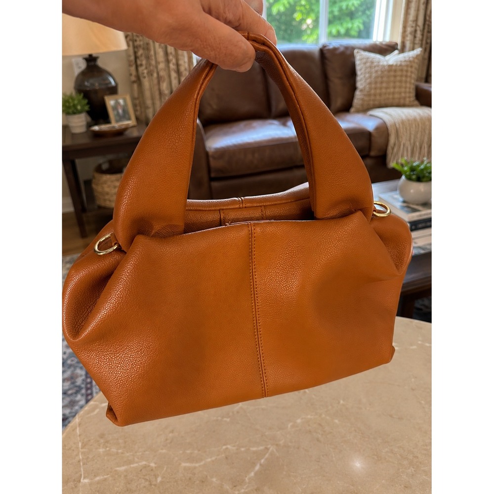 Cognac Brown Pebbled Vegan Leather Top Handle Satchel Crossbody Handbag New